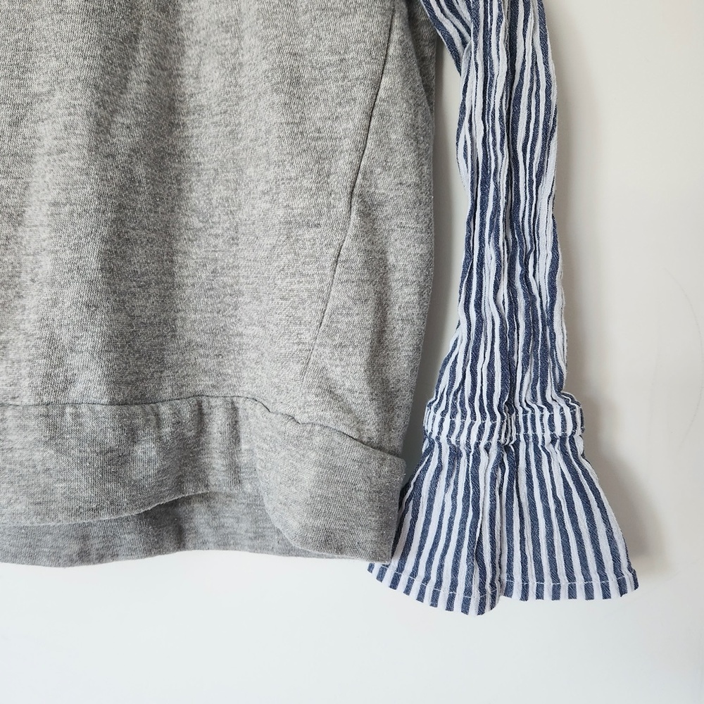 Mixed Media Bell Sleeve Sweatshirt‎ Medium Blue Stripes Preppy Coastal Old Money - Picture 7 of 16